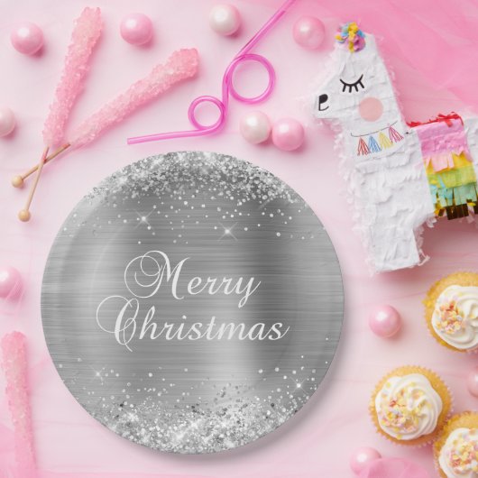 Glittery Silver Foil Merry kerst Papieren Bordje (Feest)