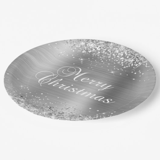 Glittery Silver Foil Merry kerst Papieren Bordje (Gekanteld)