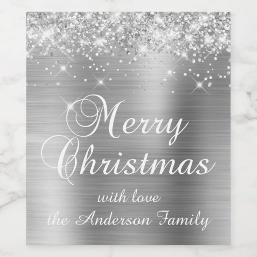 Glittery Silver Foil Merry kerst Wijn Etiket (Enkel label)