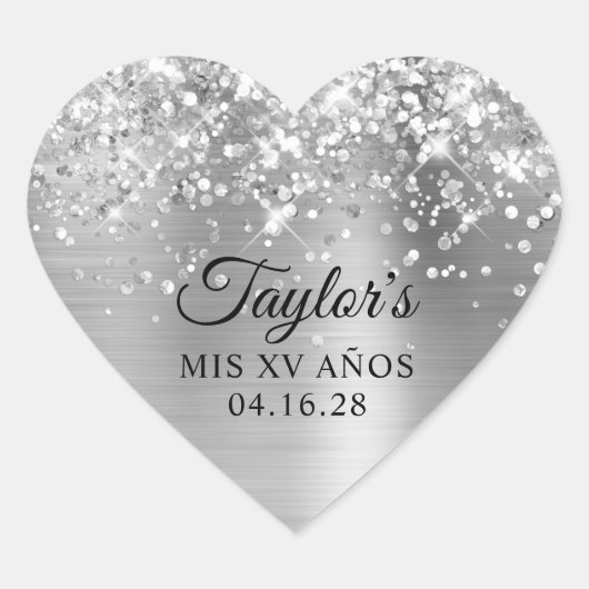 Glittery Silver Foil Mis XV Años Hart Sticker (Voorkant)