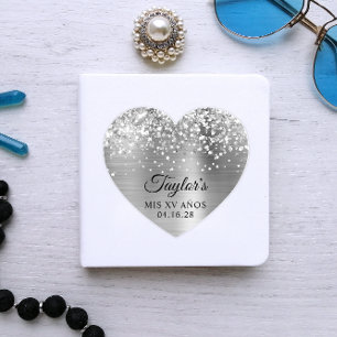 Glittery Silver Foil Mis XV Años Heart Shape Sticker