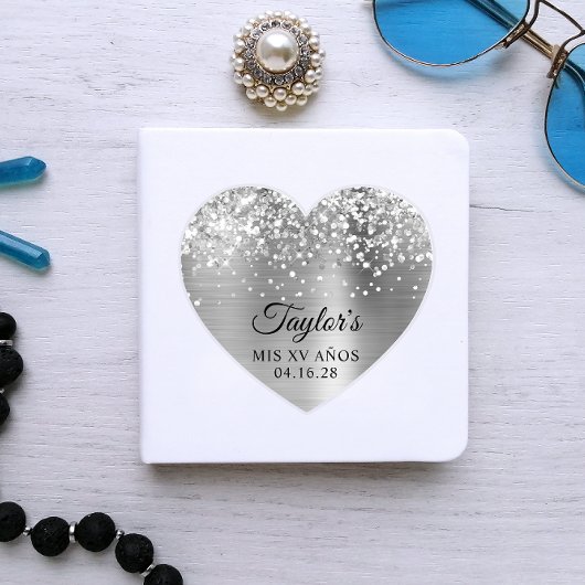 Glittery Silver Foil Mis XV Años Heart Shape Sticker