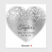 Glittery Silver Foil Mis XV Años Heart Shape Sticker (Vel)