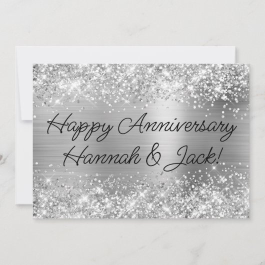 Glittery Silver Foil Modern Happy Jubileum Kaart (Voorkant)