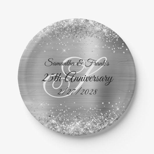 Glittery Silver Foil Monogrammed 25th Jubileum Papieren Bordje (Voorkant)