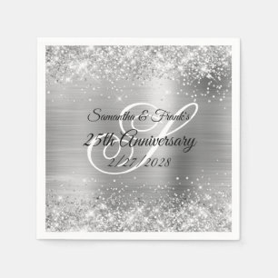 Glittery Silver Foil Monogrammed 25th Jubileum Servet