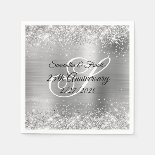 Glittery Silver Foil Monogrammed 25th Jubileum Servet (Voorkant)