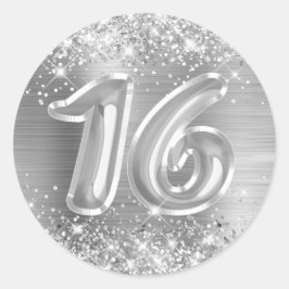 Glittery Silver Foil Number 16 Birthday Ronde Sticker