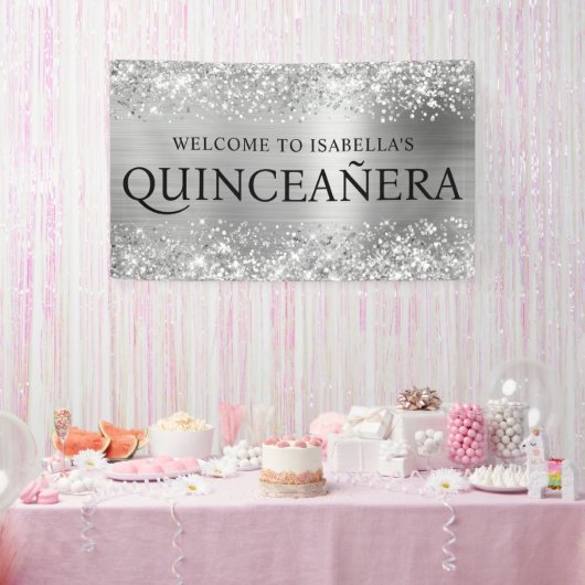 Glittery Silver Foil Quinceanera Alle Petten Welko Spandoek (Feest)