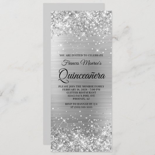 Glittery Silver Foil Quinceañera Kaart (Voorkant / Achterkant)
