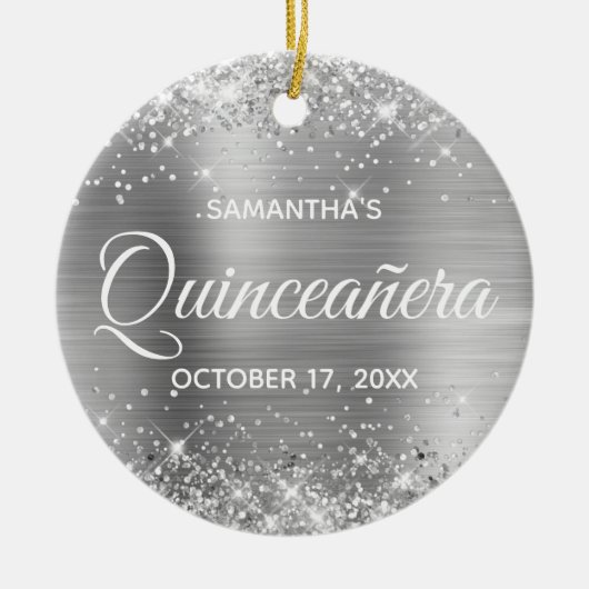 Glittery Silver Foil Quinceañera Keramisch Ornament (Voorkant)