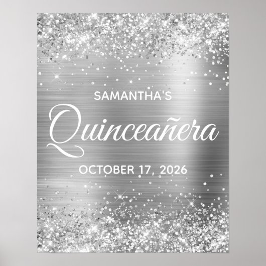 Glittery Silver Foil Quinceañera Welkom Poster (Voorkant)