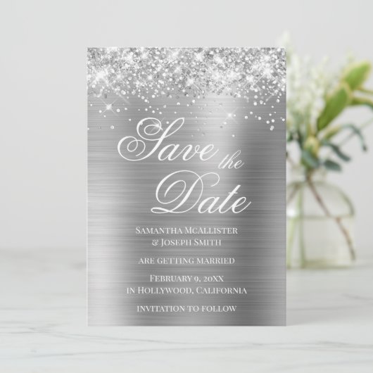 Glittery Silver Foil Sla de datum op Kaart (Staand voorkant)