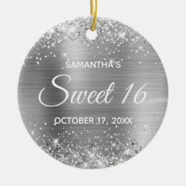 Glittery Silver Foil Sweet 16 Birthday Keramisch Ornament
