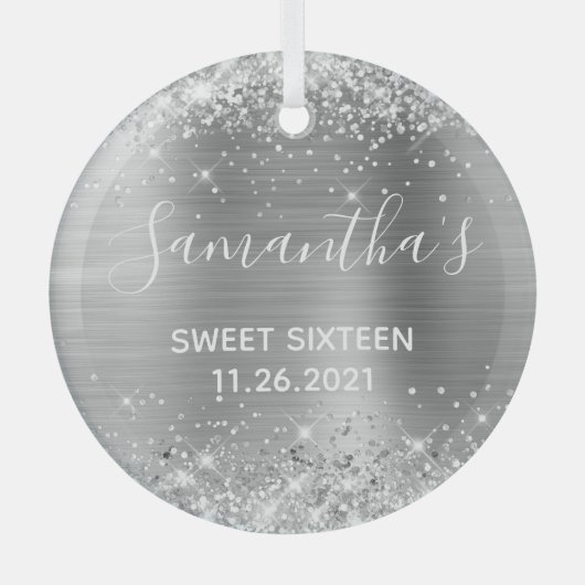 Glittery Silver Foil Sweet 16 Glas Ornament (Voorkant)