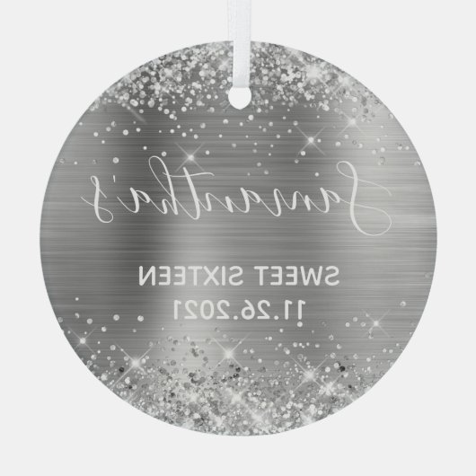 Glittery Silver Foil Sweet 16 Glas Ornament (Achterkant)