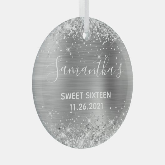 Glittery Silver Foil Sweet 16 Glas Ornament (Voorkant Rechts)