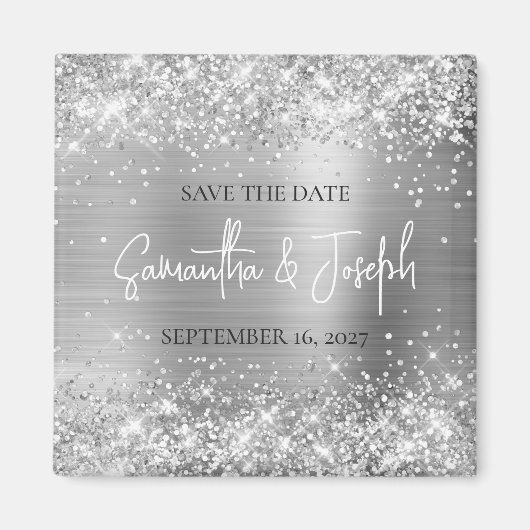 Glittery Silver Foil Wedding Save the Date Magneet (Voorkant)