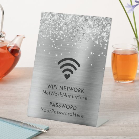 Glittery Silver Foil WiFi-netwerk en wachtwoord Reclamebord Met Voetstuk (Insitu)