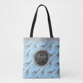 Glittery Silver Giraffe op Blue Personal Tote Bag