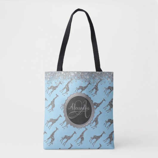 Glittery Silver Giraffe op Blue Personal Tote Bag (Voorkant)