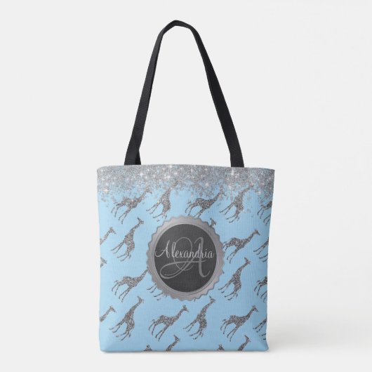 Glittery Silver Giraffe op Blue Personal Tote Bag (Achterkant)