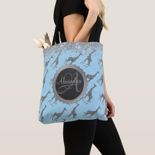 Glittery Silver Giraffe op Blue Personal Tote Bag (Dichtbij)