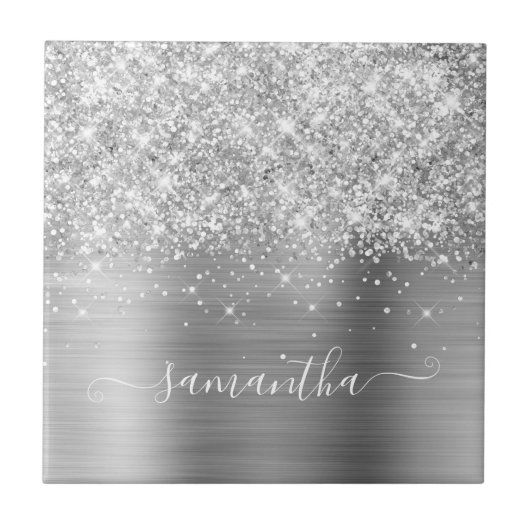 Glittery Silver Girly Signature Calligraphy Tegeltje (Voorkant)