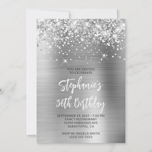 Glittery Silver Glam 30th Birthday Brush Script Kaart (Voorkant)