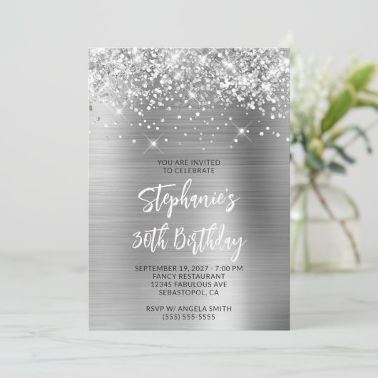Glittery Silver Glam 30th Birthday Brush Script Kaart (Staand voorkant)