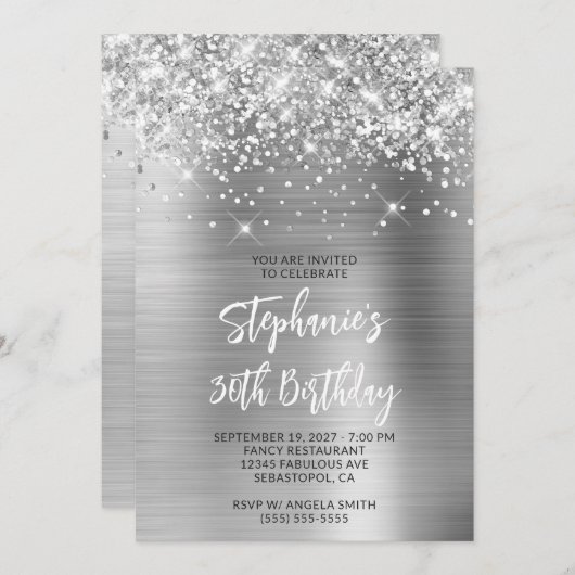 Glittery Silver Glam 30th Birthday Brush Script Kaart (Voorkant / Achterkant)