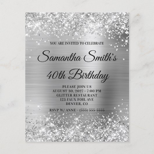 Glittery Silver Glam 40th Birthday Invite Flyer (Voorkant)