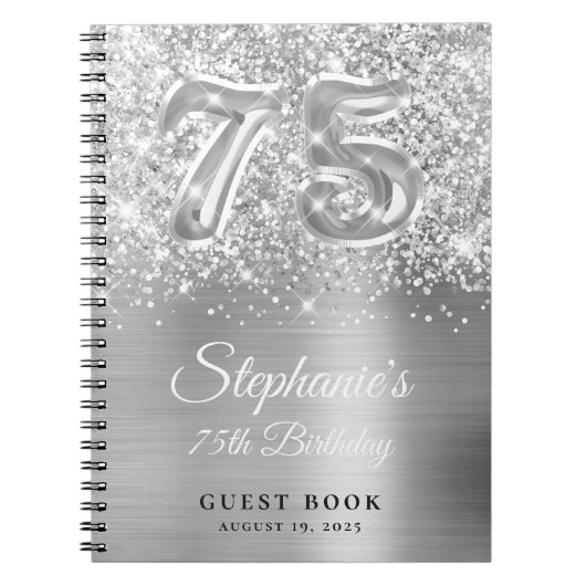 Glittery Silver Glam 75th Birthday Guestbook Notitieboek (Voorkant)