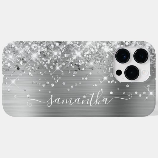 Glittery Silver Glam Modern Girly Signature Case-Mate iPhone Case (Achterkant (horizontaal))