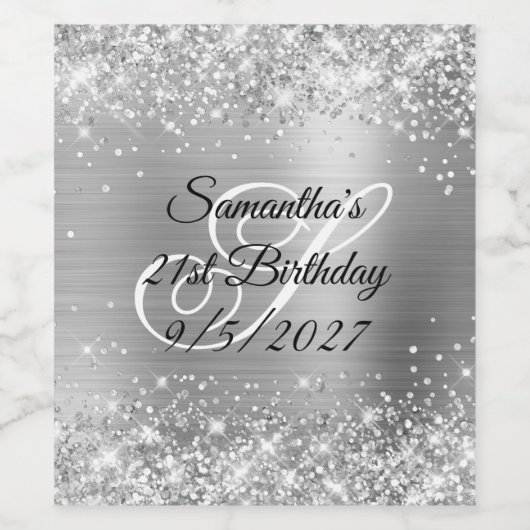 Glittery Silver Glam Monogram 21st Birthday Wijn Etiket (Enkel label)