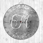 Glittery Silver Glam Monogram Dartbord<br><div class="desc">Creëer je eigen, op maat gesneden monogram dart board voor haar. Pas het zwarte en witte decoratieve monogram aan met elegant design voor handtekeningstijl. De monogram manuscriptstijl is zo decoratief dat het voor sommige brieven zal moeten worden gecentreerd. Deze moderne tekenstijl heeft mooie swashes. De glazen achtergrond is voorzien van...</div>