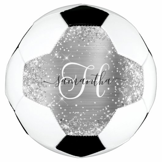 Glittery Silver Glam Monogram Voetbal (Voorkant)