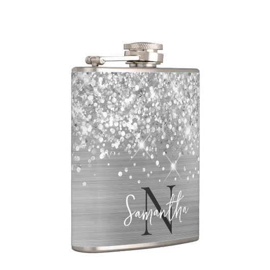 Glittery Silver Glam Monogrammed Heupfles (Rechts)