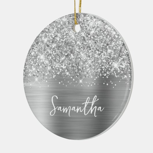 Glittery Silver Glam Name Keramisch Ornament (Links)