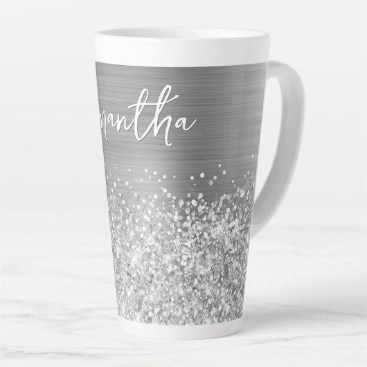 Glittery Silver Glam Name Latte Mok (Rechterhoek)