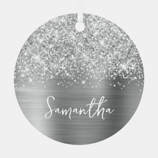 Glittery Silver Glam Name Metalen Ornament (Voorkant)