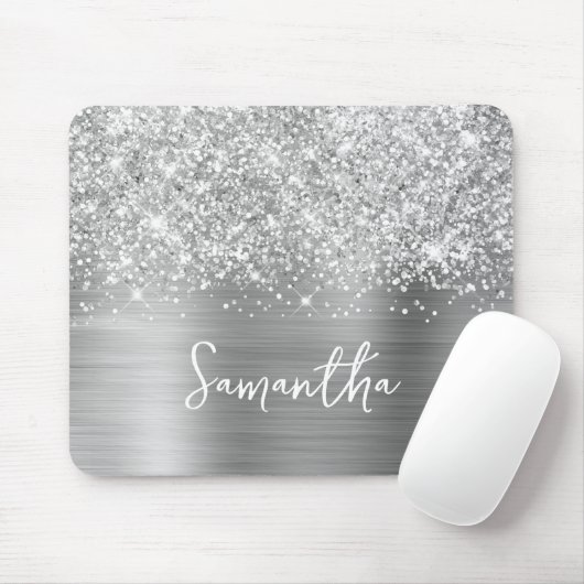 Glittery Silver Glam Name Muismat (Met muis)