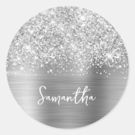 Glittery Silver Glam Name Ronde Sticker
