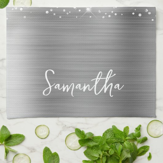 Glittery Silver Glam Name Theedoek (Gevouwen)