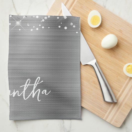 Glittery Silver Glam Name Theedoek (Quarter Fold)