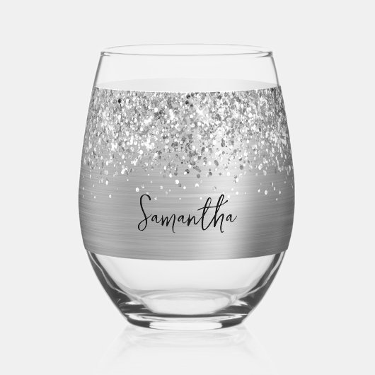 Glittery Silver Glam Name Wijnglas Zonder Voet (Voorkant)