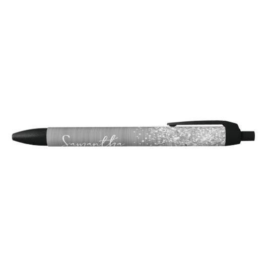 Glittery Silver Glam Name Zwarte Inkt Pen (Bovenkant)