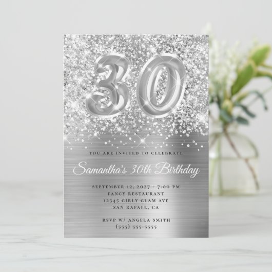 Glittery Silver Glam Number 30th Birthday Kaart (Staand voorkant)