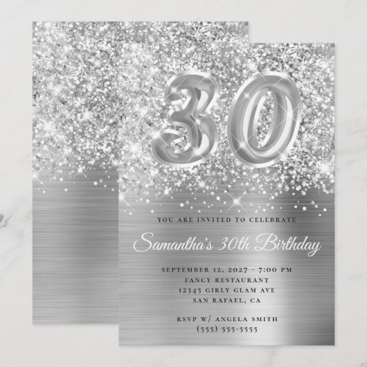 Glittery Silver Glam Number 30th Birthday Kaart (Voorkant / Achterkant)