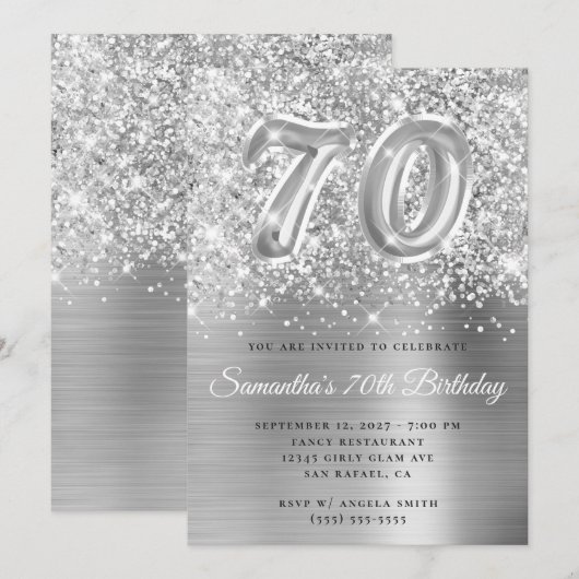 Glittery Silver Glam Number 70th Birthday Kaart (Voorkant / Achterkant)